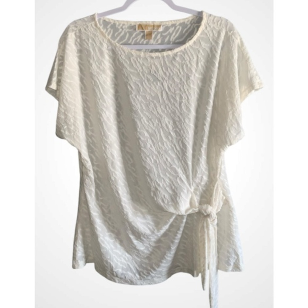MICHAEL Michael Kors Cream Textured Blouse Side Tie Short Sleeve Round Neck L
